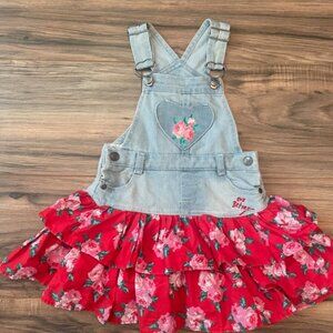 Betsey Johnson Denim Overall Dress 4T Floral Jumper Ruffle Skirt Red Rose Print